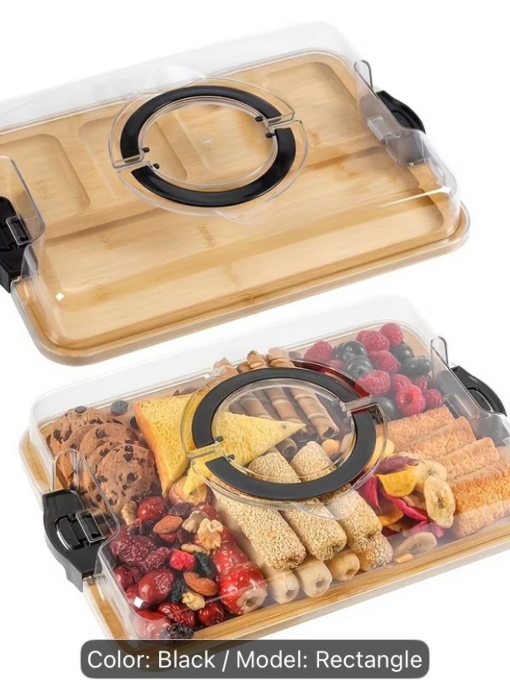 Amazon Bamboo Snack Tray with Clear Lid and Black Accents